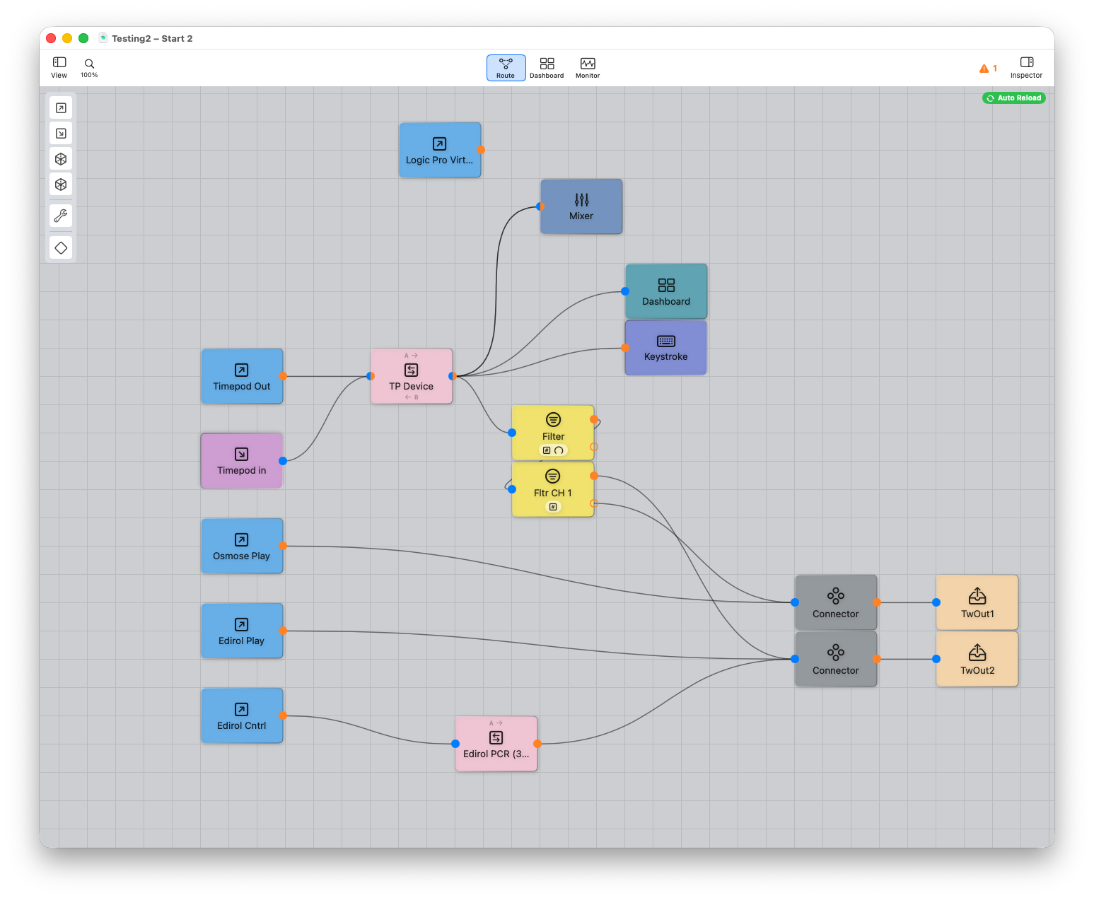 Twine's routing canvas — MIDI controllers, a DAW, filters and a control surface wired together on one canvas.